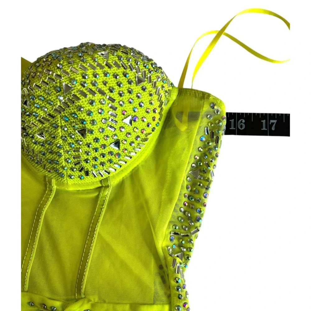Banjul Neon Lime Green Corset Mini Dress Sz XS/S One Shoulder Rhinestone Beaded - Picture 8 of 11